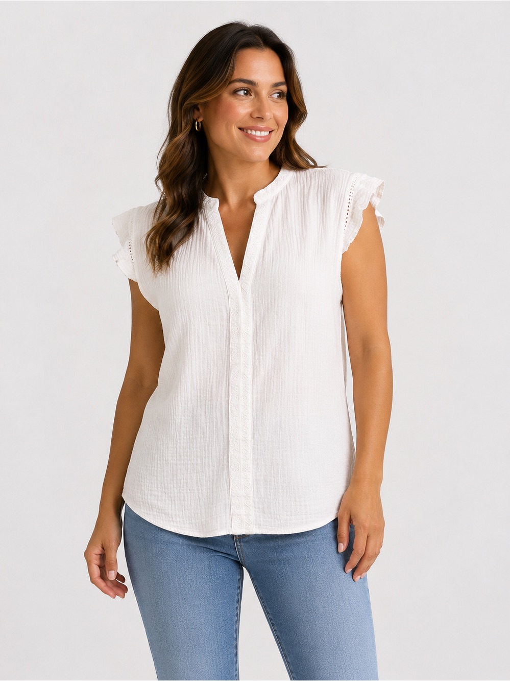 Faherty Mandarin Collar Split-Neck And Delicate Ruffled Cap Sleeves Large